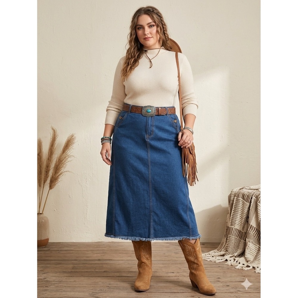 Cinnamon & Spice Denim Midi Skirt Size 20 Raw Hem Stretch 90s Modest Western